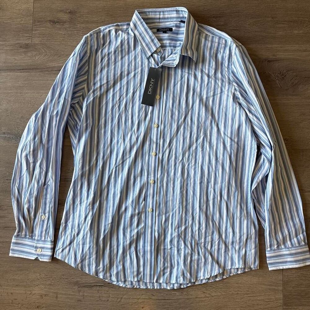 NWT DKNY Men’s Blue and White Striped Button-up Dress Shirt XL
